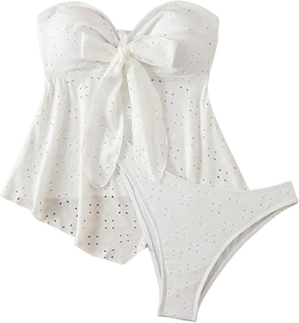 GORGLITTER Women's Hollow Out Strapless Bandeau Tankini Set Knot Front High Waisted Hipster Swimsuit, S