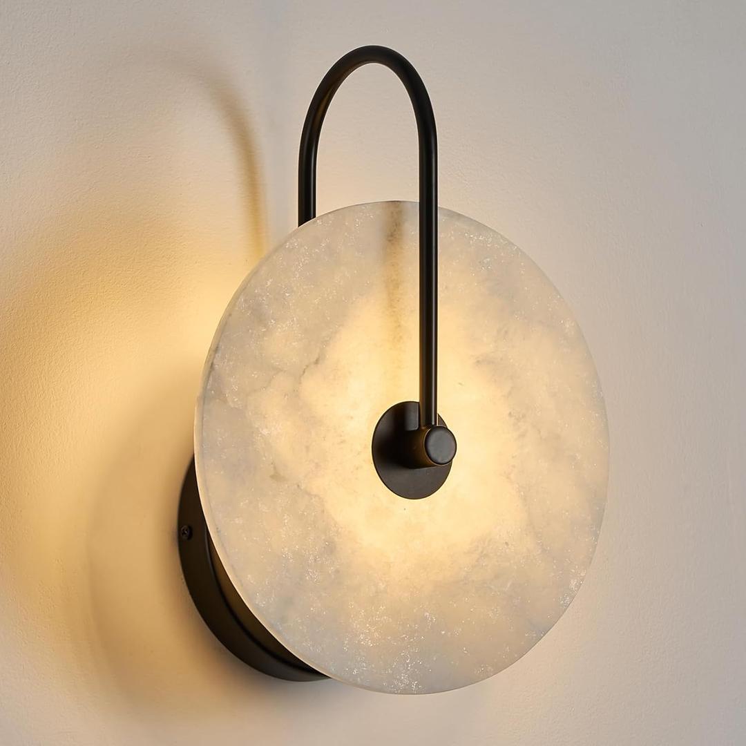 Round Alabaster Wall Sconce, Natural Marble Lampshade Wall Sconce, Hardwired Circular Sconce LED Modern Wall Lamp for Bedroom, Stairs, Living Room, Bedside, Hallway 9.84 Inch Black (25CM)
