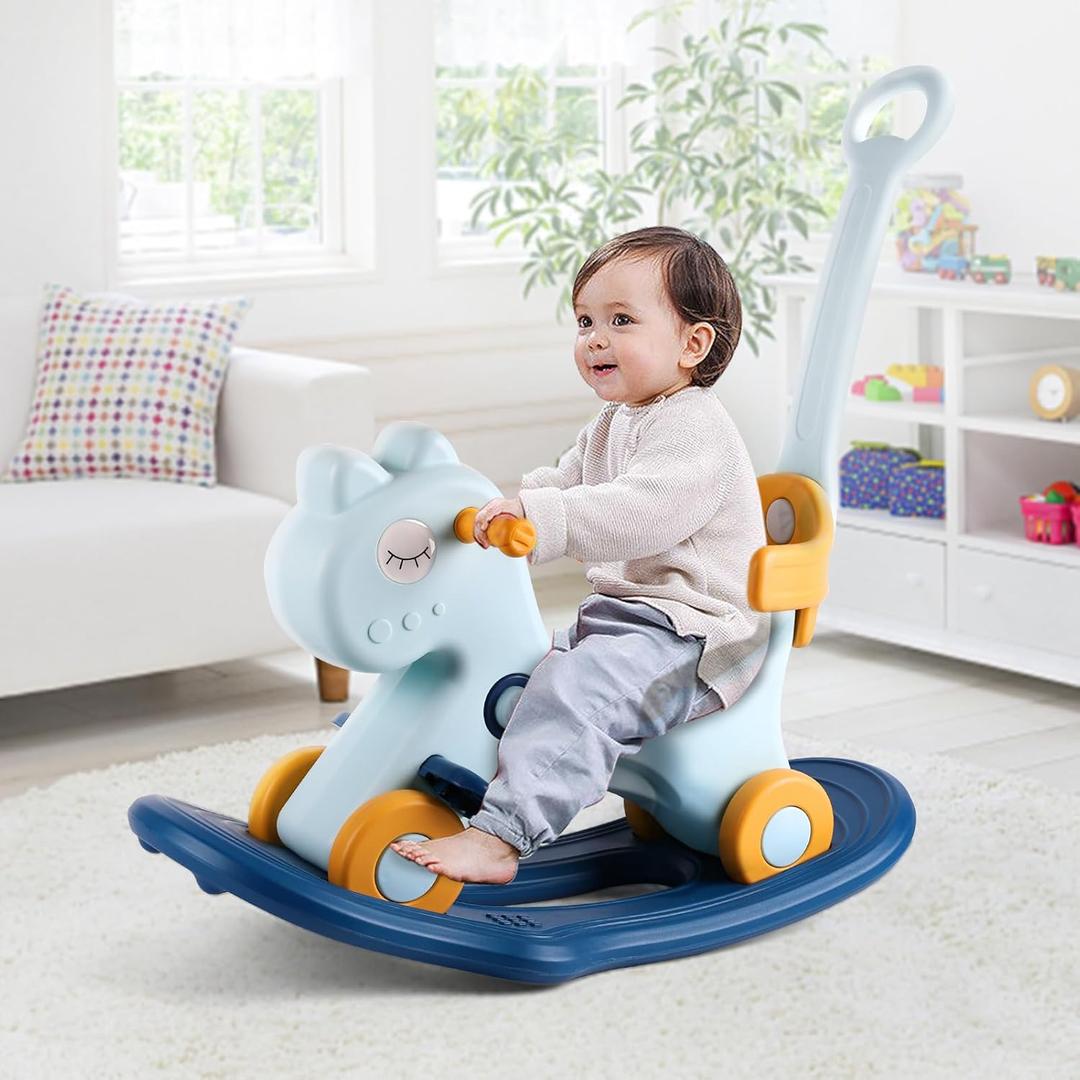 4 in 1 Rocking Horse for Toddlers 1-3 Years Old, Baby Rocking Toy Fun Birthday Gift for 1+ Boys, Ride on Toy with Detachable Balance Board and Footrest, Balance Bike with Push Handle, Blue
