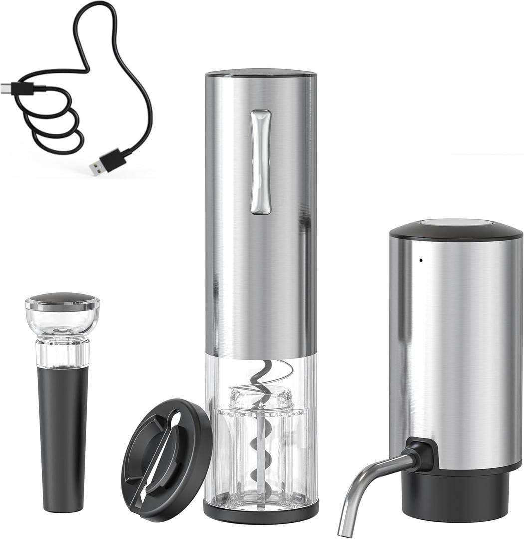 Electric Wine Decanter and Electric Wine Opener, Corporate Gift Pro Electric Wine Aerator and Opener Set with Wine Foil Cutter, and Wine Stopper Vacuum Saver (Stainless Steel)