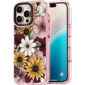 for iPhone 16 Pro Max Case Cute - Durable Shockproof 6.6 ft Drop Impact Phone Case - Funny Sunflower Design (6.9") Glitter Pink