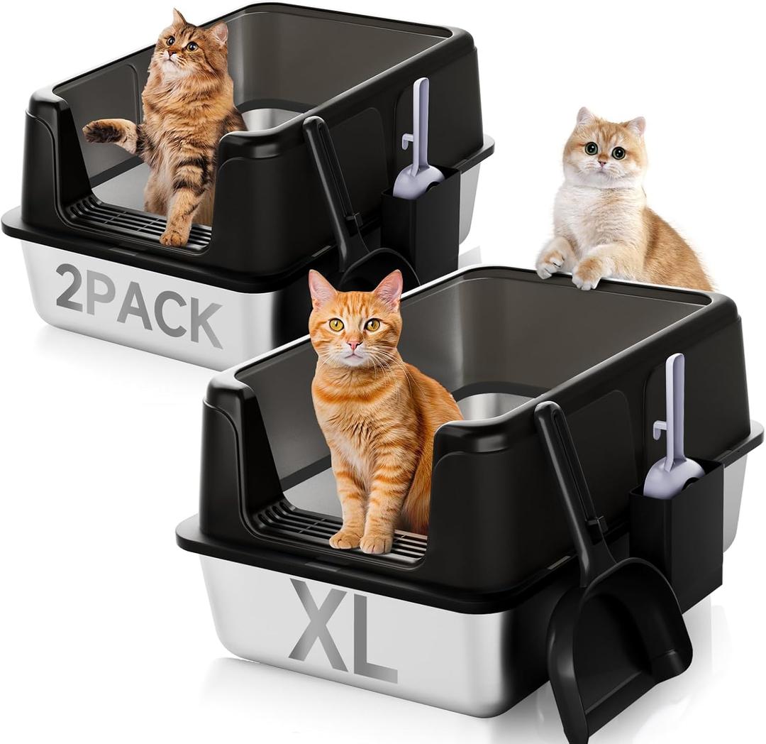2 Pack High Sides Odor Free No Sticky Extra Large Steel Cat Litter Box with Scoop, Tall Wall No Smell 24"X16"X13" Stainless Metal Kitty Litterbox, Black