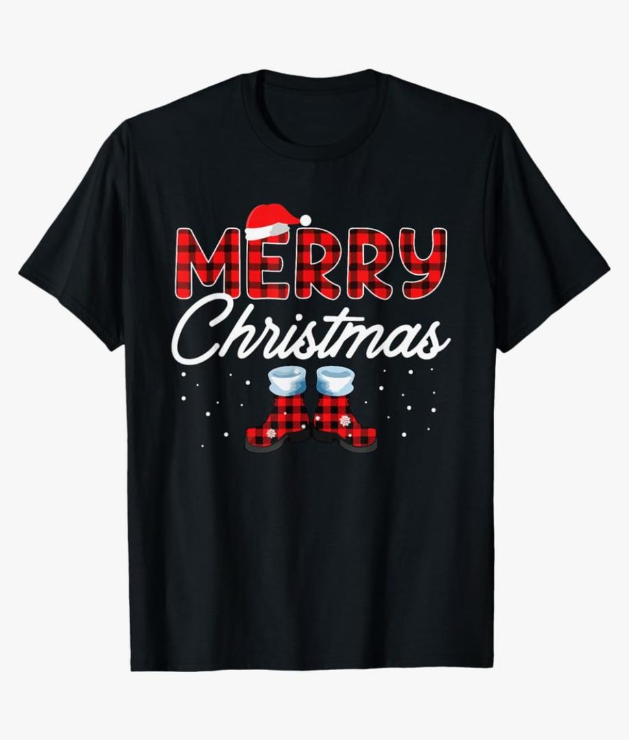 Merry Christmas Buffalo Plaid Santa Hat Pajama T-Shirt Black 3XL