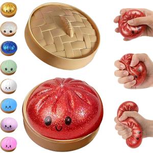 Glitter Dumpling Squishy, Dumpling Squishies, Glitter Dumpling Mystery Box, Colorful Dumpling Stress Balls Fidget, Jumbo Squishy Toy with Steamer Box,Soft Squeeze Decompression Dough (Glitter Red)
