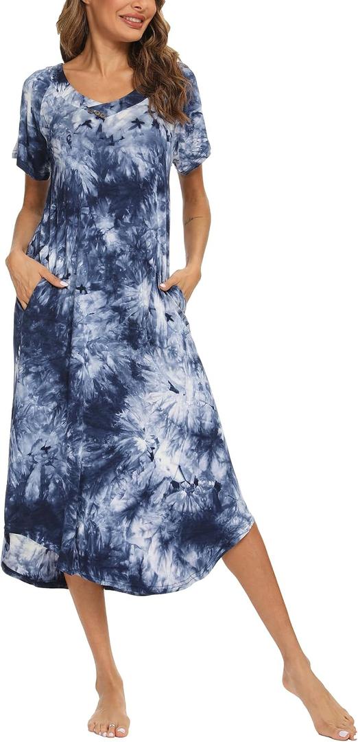 YOZLY Cotton Nightgowns for Women Short Sleeve Long Night Gowns Soft V Neck Sleepwear with Pockets (Blue, M)
