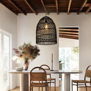 Arturesthome 1 Light Rustic Rattan Basket Pendant Light Boho Wicker Chandelier Coastal Handmade Crafts Lampshade, Farmhouse Hanging Ceiling Lighting for Dining Kitchen Island Black 13.75in*19.68in, 13.7in * 19.68in