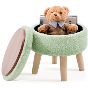 Mxfurhawa Versatile Storage Ottoman, Round Footstool with Soft Padded Seat, Small End Table with 4 Wood Legs, Teddy Velvet Foot Rest for Couch,Shoe Changing Stool for Living Room (Light Green)