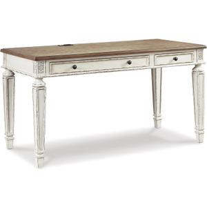 Signature Design by Ashley Realyn Farmhouse Home Office Desk, 2 Drawers, Drop-down Drawer, USB Charging, Wood, 60" W x 28" D x 31" H, Chipped White and Brown