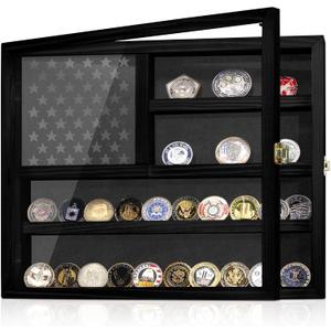 Challenge Coin Display Case, Lockable Military Coin Holder Cabinet with Removable Star Board & HD Tempered Glass Door, Solid Wood Wall Mount Coins Collection Rack Stand, Black