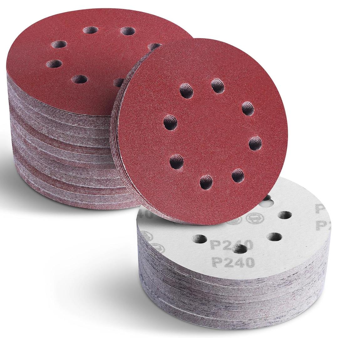 240 Grit Sandpaper, 5 Inch Sanding Discs Hook and Loop, Orbital Sander Pads for Wood, Metal Sanding, 100Piece