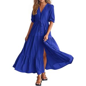 BTFBM Women Summer Dresses Short Sleeves V Neck Button Drawstring Maxi Dresses Solid Color Boho Long Dresses (Small, Solid Royal Blue)