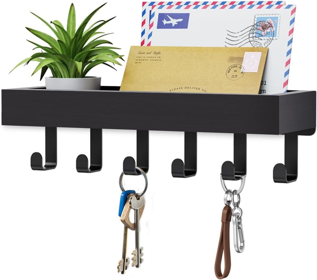 Key Holder Wall Mount Adhesive Magnetic - Hanging Key Hooks with Mail Organizer Tray for Wallet House Accessories - Keys Hanger Rack with Shelf for Camper Entryway Door Home Living Room Decor Black (Medium)