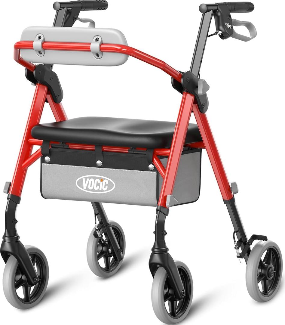 VOCIC Z11 Standard Rollator Walker for Seniors with Seat, 380 LBS | Lightweight Design with Ergo Seat & Backrest, Height Adjustable & Easily Foldable for Seniors' Mobility, Red