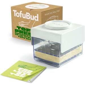 TofuBud Tofu Press - Tofu Presser for Firm or Extra Firm Tofu - Tofu Maker with Water Drainer Made from Durable Sustainable Materials - Tofu Recipe Book Included