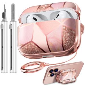 Inesore for AirPods Pro 2nd Generation Case Cover with Lock, Flowers Cute Air Pods Pro 2 Case Hard iPod Pro Cases for Women Girls with Cleaner Kit (2023 USB-C /2022/2019) -Pink Gold Marble