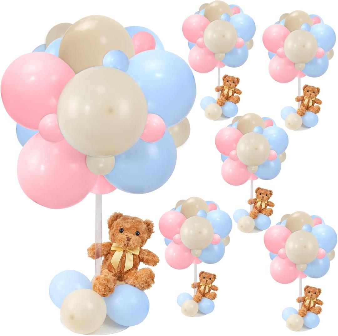 Bear Table Centerpieces for Baby Shower - Set of 6 Bear Balloon Baby Shower Decorations Include Stuffed Bears Balloons Kit with Stand Table Decor for Boy Baby Shower Gender Reveal (Blue/Pink)