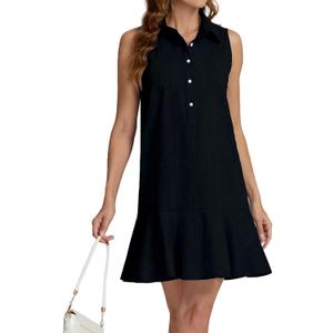 YEXPINE Womens Sleeveless Shirt Dress Ruffle Hem Cotton Tunic Tank Dress Button Up Swing Shift Mini Dresses (Black, S)