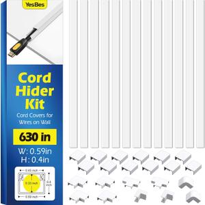 630in Cord Hider Kit, Cord Covers for Wires on Wall, Cord Hider for Wall Mount tv, tv Cable Hider Wall kit, Paintable Cable Raceway, Wire Covers for Cords, 40X L15.7in X W0.59in X H0.4in, White