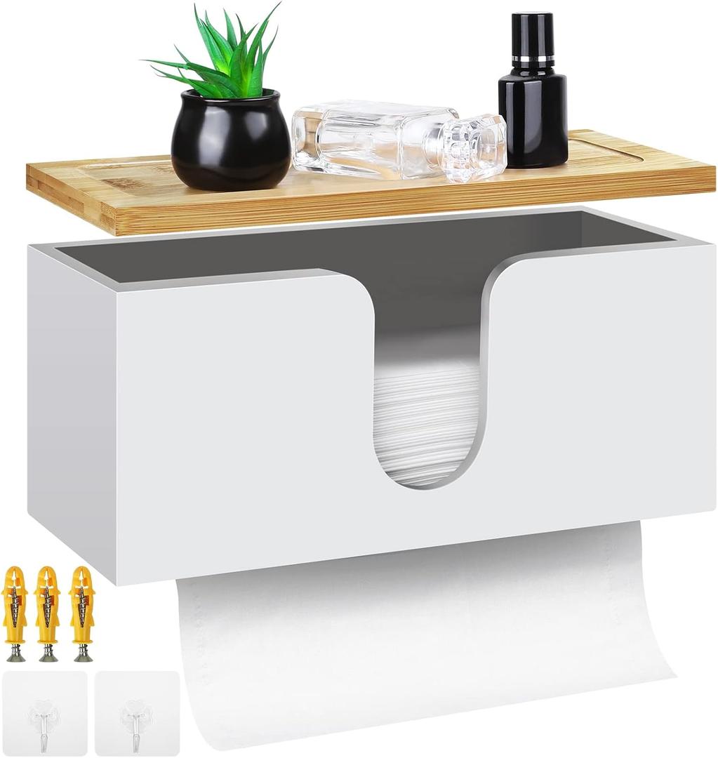 TURSTIN Wood Paper Towel Dispenser Folded Paper Towel Holder with Lid for Countertop and Wall Mounted, Wall Mount Paper Towel Holder Napkin Holder for Home. Bathroom, Kitchen, White