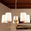 Farmhouse Chandelier, 5-Light Brass Chandelier with White Fabric Shade, Height Adjustable Modern Dining Room Light Fixture with E26 Base for Bedroom Foyer Hallway Entryway Kitchen Living Room