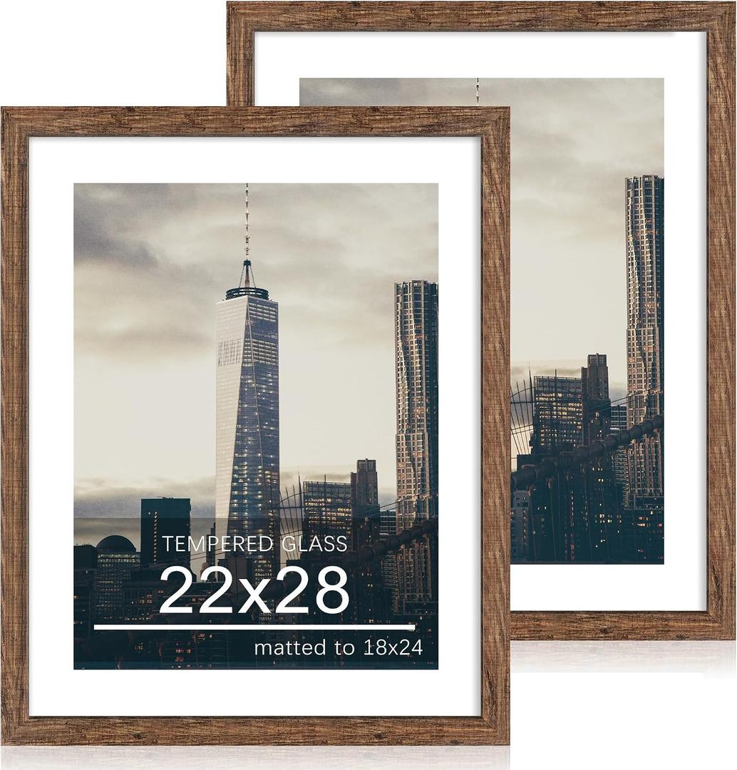 22x28 Picture Frame Set of 2, 22 x 28 Wood Poster Frames with Mat for 18x24, Wooden Photo Frames with Tempered Glass Cover for Wall Display, Rustic Brown, 22x28-2Pack
