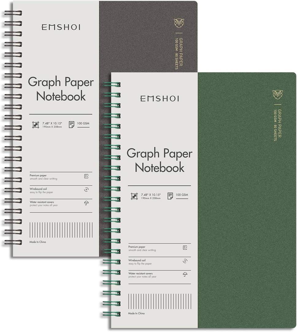 EMSHOI Graph Paper Spiral Notebook 7.48" x 10.15" - B5 Graph Paper Notebook, 2 Pack 320 Pages 100gsm Thick Grid Paper, Plastic Hardcover Journals for Writing Engineering Graphing Work School Supplies (BrownGreen)