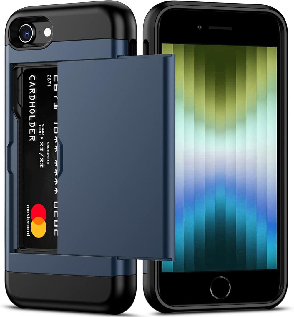 Nvollnoe for iPhone SE Case 2022/iPhone SE 2020/7/8 Case with Card Holder Heavy Duty Protective Dual Layer Shockproof Hidden Card Slot Slim Wallet Case for iPhone SE 3rd/2nd/7/8-4.7''(Blue)