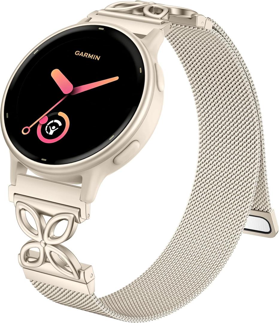 20mm Watch Band Compatible with Garmin Vivoactive 6 Watch Bands/Vivoactive 5/3, Floral Soft Metal Magnetic Mesh Strap for Garmin Watch Band Venu Sq 2/2 Plus Smartwatch Women, Starlight