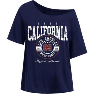 Women's Off The Shoulder Tops Preppy Letter Graphic Tees Summer Casual Short Sleeve Tshirts (Blue, M)