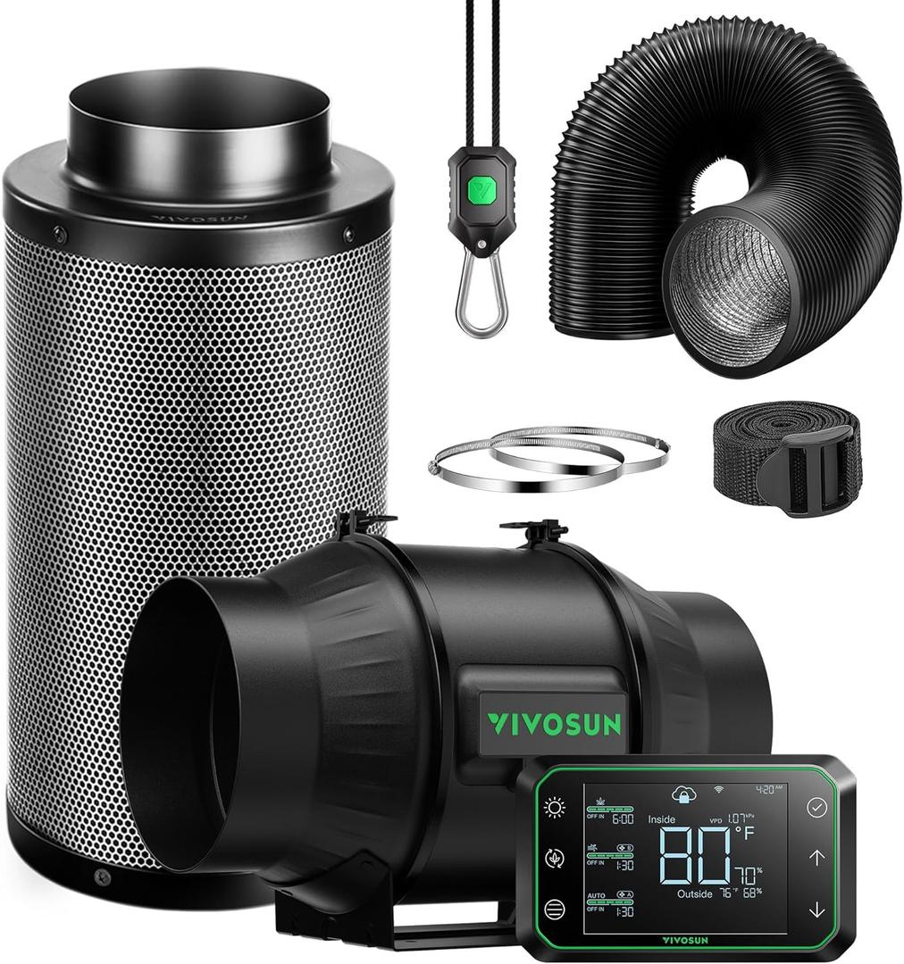 VIVOSUN Smart Air Filtration PRO T6 Kit 6", AeroZesh T6 Inline Duct Fan w/GrowHub E42A Temp. Humidity WiFi-Controller, Carbon Filter & Ducting, Cooling & Ventilation System for Grow Tent, Hydroponics (Black)