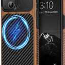 TENDLIN Magnetic Case Compatible with iPhone 14 Plus Case Wood Grain with Carbon Fiber Texture Design Leather Hybrid Slim Cover (Compatible with MagSafe) Black