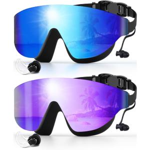 Swim Goggles, Frameless Wide View Swimming Goggles, Anti-Fog Anti-UV No Leaking Pool Goggles for Men Women Adult (Blue & Purple)