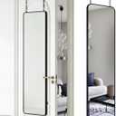 DMWOODFL 14"x48" Full Length Over The Door Mirror, Aluminum Alloy Frame Full Body Mirror with Height-Adjustable Hangers, Hanging Leaning Against Wall for Dorm Bathroom, Bedroom, Entryway Decor(Black)