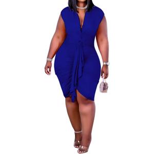 IyMoo Women's Sexy Plus Size Bodycon Sleeveless Drawstring Ruched Mini Club Dresses (Blue), XL