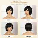 MIMAN 8 Inch Chin Length Bob Wigs for Black Women Human Hair Glueless Wig Short Black Layered Wavy Pixie Wigs with Bangs Natural Black Hair Replacement Wig