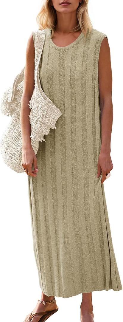 Fisoew Women Summer Sleeveless Maxi Dress Scoop Neck Ribbed Knit Tank Dress | Maternity, Sweater Dress, Cozy Fabric, Loose Fit, Long Dress, Round Neck, Going Out, Pregnancy (Brown)