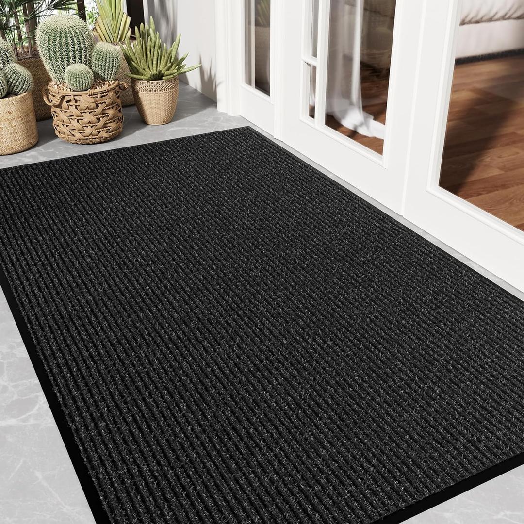 Front Door Mat 3' x 5', Low Profile Heavy Duty Door Mat Outside Entrance, Non-Slip Large Commercial Floor Mat, Absorbent & Resist Dirt, Easy Clean Welcome Entry Mat Indoor Outdoor, Black