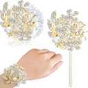 Yunsailing 2 Pcs Rhinestone Wrist Corsage and Boutonniere Set - Artificial Flower Corsage Wristlet for Wedding Prom Homecoming Bridesmaid Bridal Shower Anniversary Formal Event(Gold Ivory,Pearl)