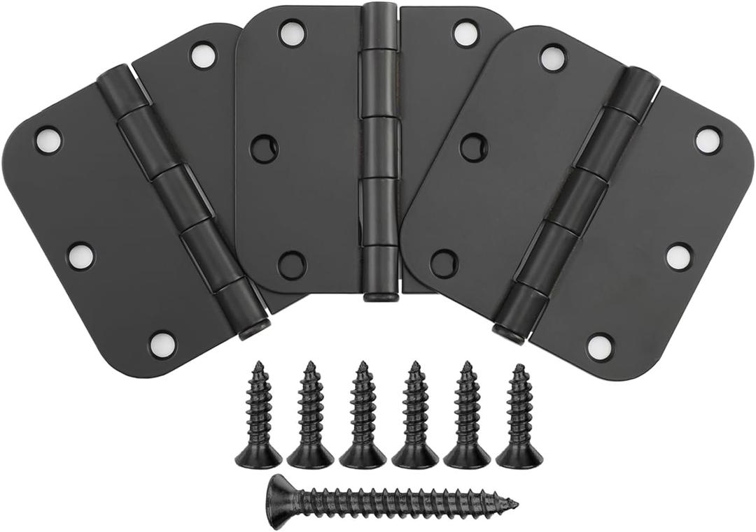 Door Hinges Matte Black - 3 Pack Black Door Hinges 3.5 Inch Rounded Interior Door Hinges with 5/8" Radius Corners - Black Hinges for Doors 3 1/2 Inches Flat Iron Residential Door Hardware