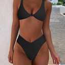 geluboao Bikini Set for Women Solid V Neck Knot Front Push Up High Leg Thong Two Piece Swimsuit (Black, XL)