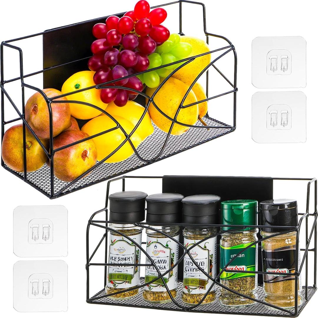 WUWEOT Magnetic Refrigerator Basket Set of 2, Magnetic Fruit Potato Onion Storage Shelves, Spice Rack Organizer Bin, Whiteboard Classroom Basket with 4 Hooks for Refrigerator Kitchen Office School