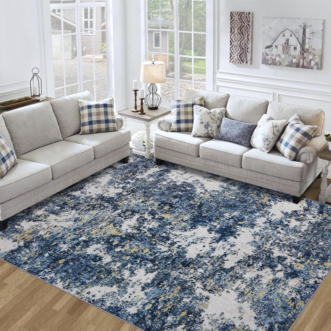 Area Rug 9x12 Living Room: Large Washable Rug with Anti-Slip Backing Non-Shedding Stain-Resistant Soft Abstract Carpet for Bedroom Dining Room Nursery Home Office (Blue/Multi) (9' x 12' (Rectangular), Blue/Multi)