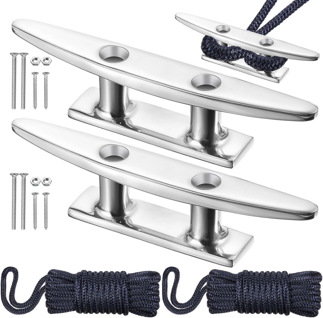 4 Pieces Boat Dock Cleats & Marine Rope Accessories, 2 Pcs 3/8 Inch x 15ft Double Braided Nylon Dock Lines 2 Pcs 4 Inch 316 Stainless Steel Boat Cleat Open Base with Installation Screws