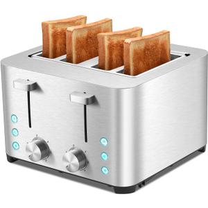 Toaster 4 Slice, Stainless Steel Bread Toasters, Extra Wide Slots, 6 Bread Shade Settings, Bagel/Defrost/Cancel Function, Removable Crumb Tray, 120V/1500W (4 Slice)