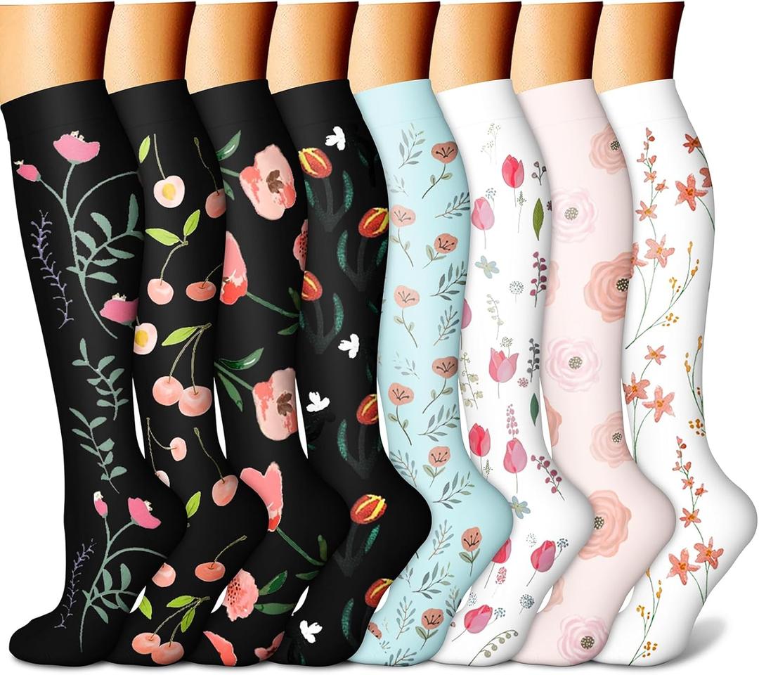 CHARMKING Compression Socks for Women & Men (8 Pairs) 15-20 mmHg Graduated Copper Support Socks are Best for Pregnant, Nurses - Boost Performance, Circulation, Knee High & Wide Calf (S/ M, Multi 58)