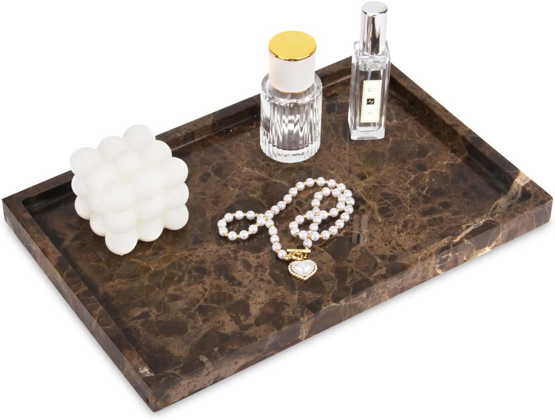 Marble Bathroom Vanity Tray, Natural Marble Home Kitchen Bathroom Table Tray, Stone Decorative Countertop Serving Trays for Coffee Perfume Jewelry Makeup (1, Dark Brown, 12 * 8 * 0.8)