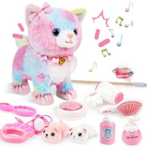 deAO Remote Control Electronic Plush Cat for Kids,Interactive Electronic Cat Toy, Barks,Walks, Pretend Dress Up,Stuffed Animal Walking Cat for Kids Boys Girls