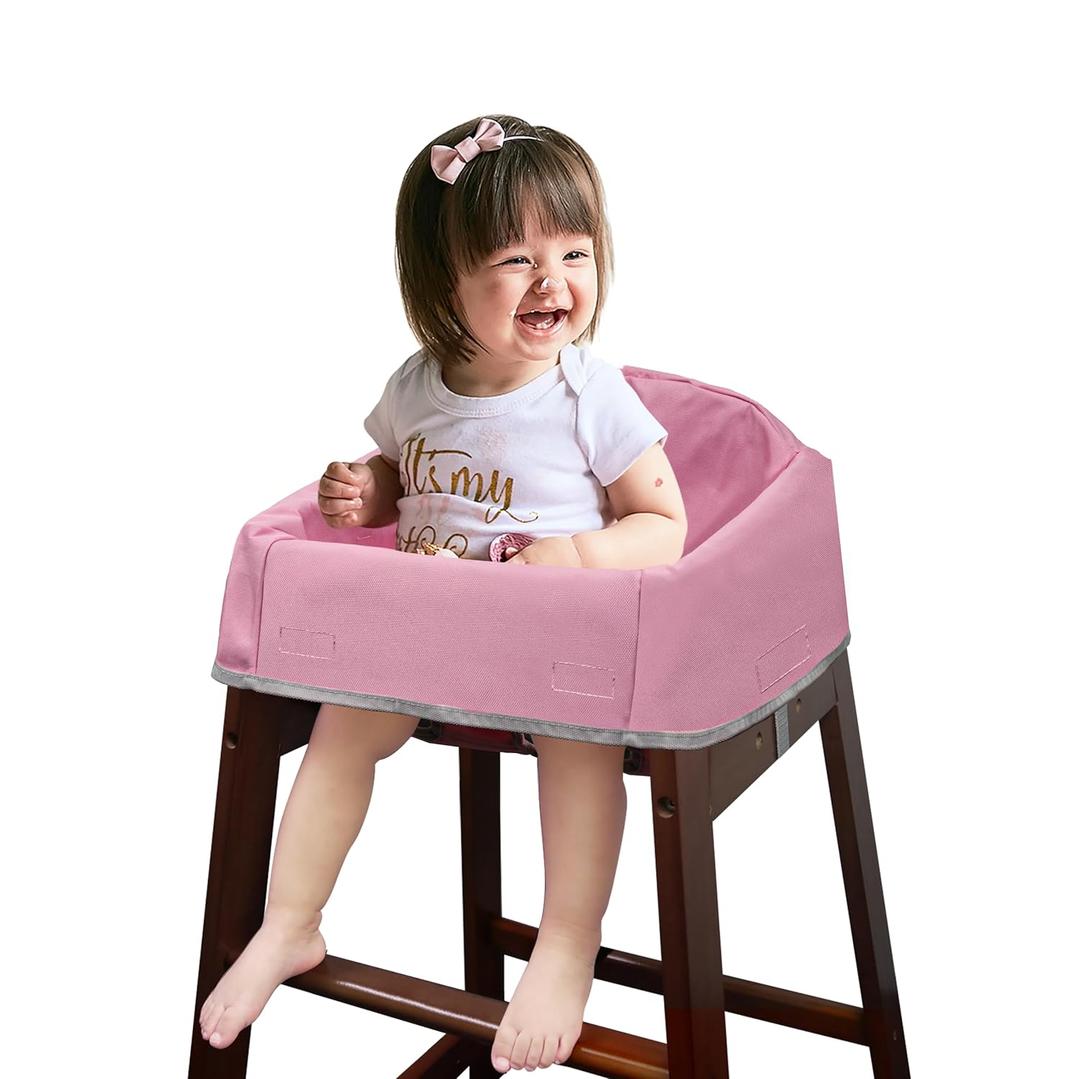 Dual-Belt Baby High Chair Cover, Upgrade Version, for Wooden or Restaurant High Chair, Sturdy and Robust Material, Waterproof Washable Stain and Slip Resistant, Pink