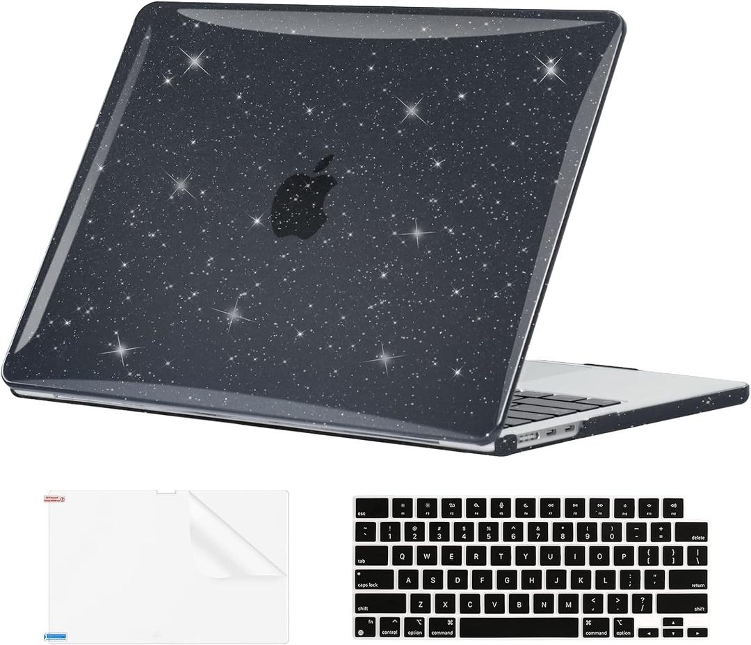 EooCoo Case Compatible with MacBook Air 13 inch M5 2026-2022 Release M4 M3 M2 A3449 A3240 A3113 A2681, Glitter Hard Shell&Keyboard Skin Cover&Screen Protector for Mac Air 13.6 inch, Sparkly Black