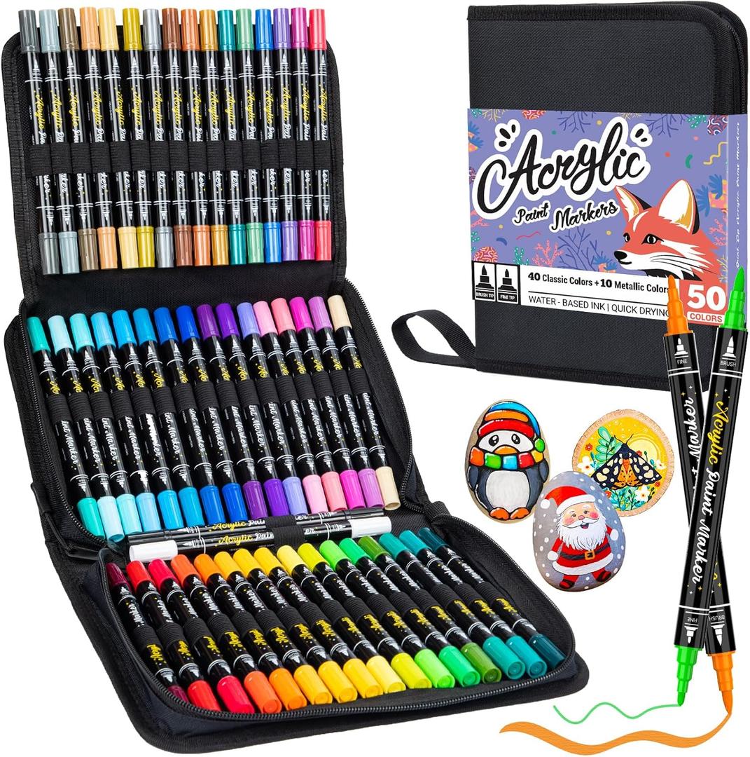 50 Colors Dual Tip Acrylic Paint Pens Paint Markers with Carrying Case, Acrylic Markers for Rock Painting, Wood, Glass, Plastic, Fabric, Ceramic, Painting Kit for Adults and Kids Crafts Supplies